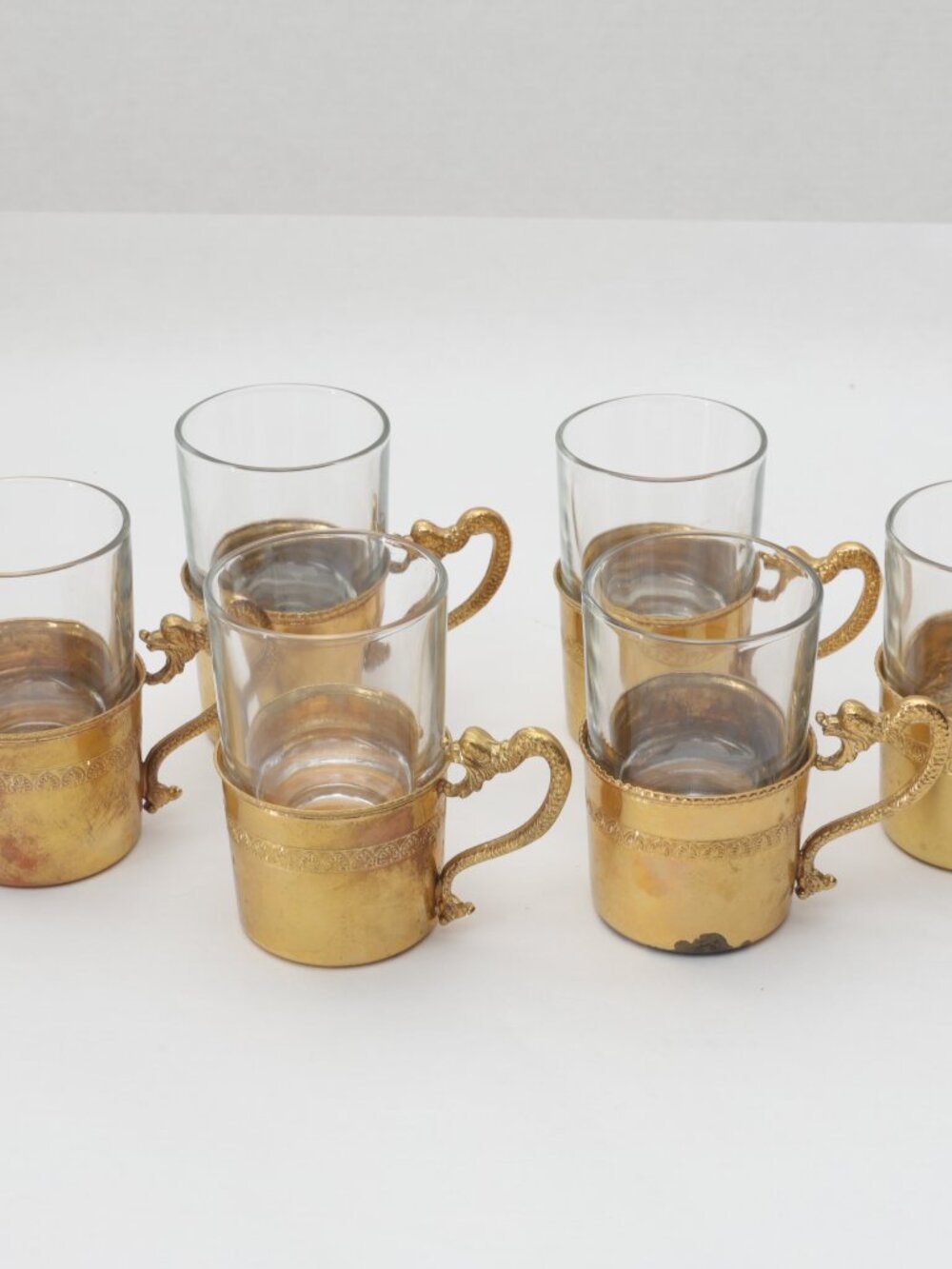 Italian espresso / shot / aperitif glasses w gold tone & dragon handle Set of 6